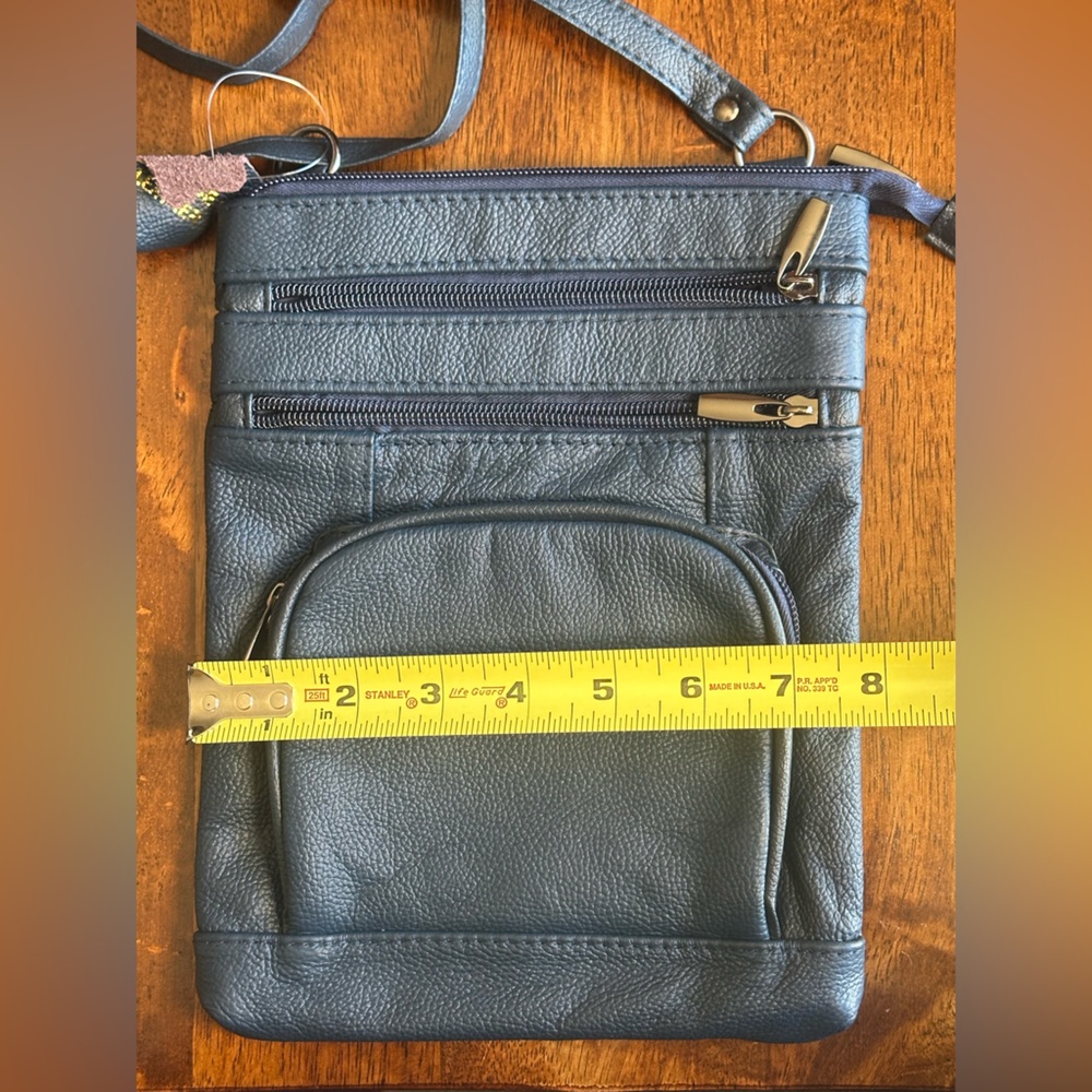 Genuine Leather Navy Crossbody Bag Multi Zip Organizer Travel Purse Small - Picture 11 of 13